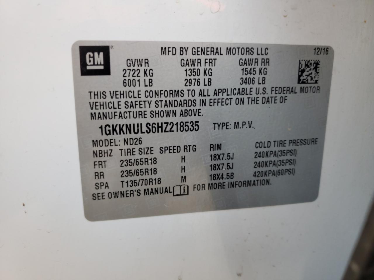 2017 GMC Acadia VIN 1GKKNULS6HZ218535 Copart auction photo, front end damage thumbnail 14
