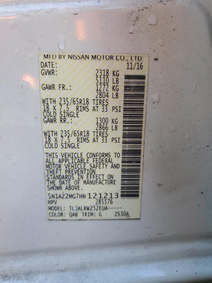 2017 Nissan Murano VIN 5N1AZ2MG7HN121213 Copart auction photo, side damage thumbnail 13