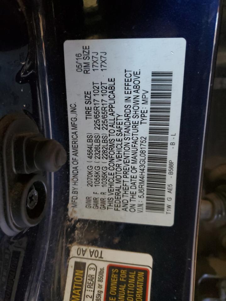 2016 Honda CR-V VIN 5J6RM4H43GL081752 Copart auction photo, front end damage thumbnail 13