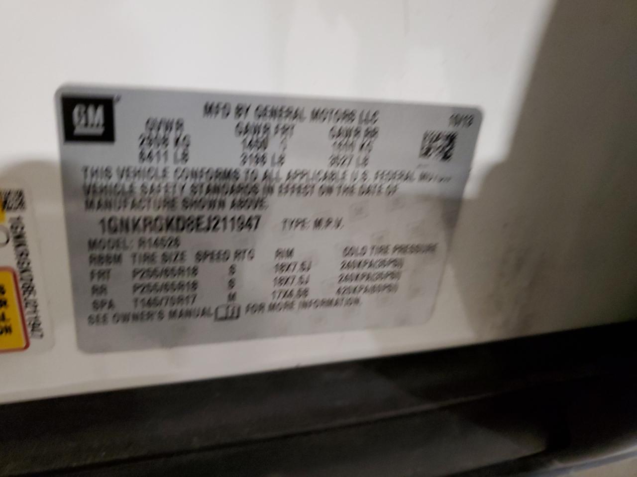 2014 Chevrolet Traverse VIN 1GNKRGKD8EJ211947 Copart auction photo, front end / minor dent/scratches damage thumbnail 13