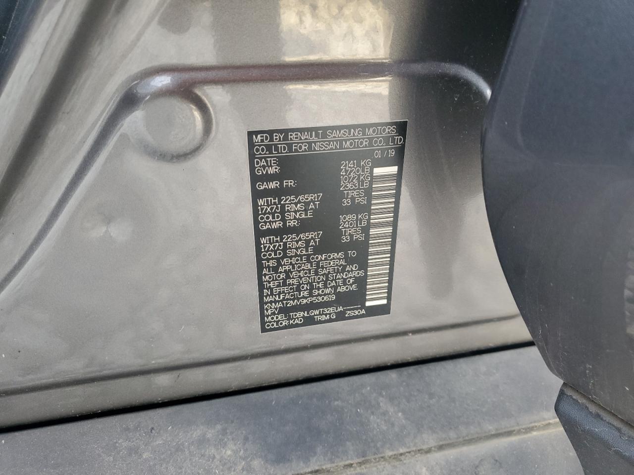 2019 Nissan Rogue VIN KNMAT2MV9KP530619 Copart auction photo, front end / rear end damage thumbnail 14
