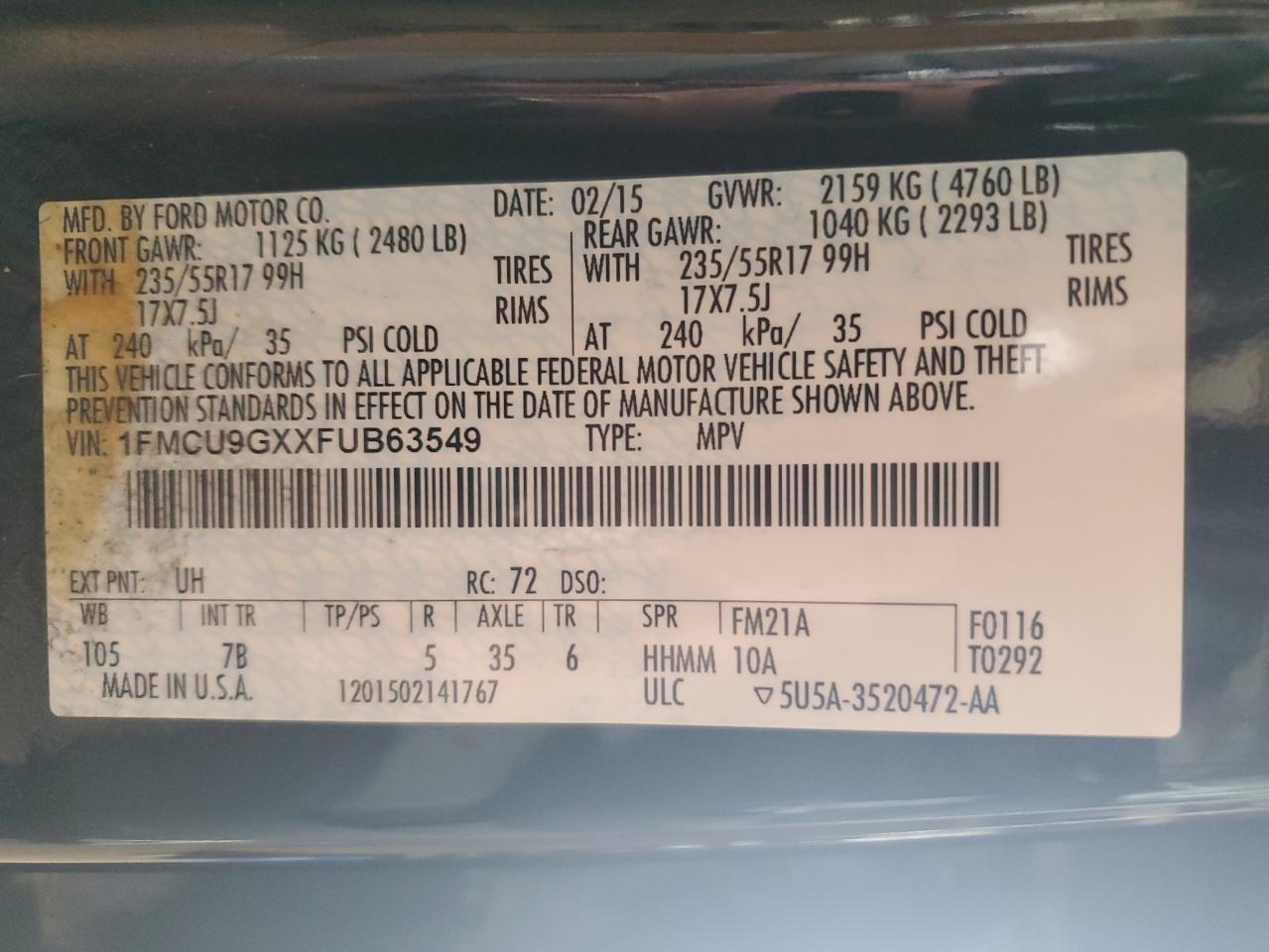 2015 Ford Escape VIN 1FMCU9GXXFUB63549 Copart auction photo, rear end damage thumbnail 14