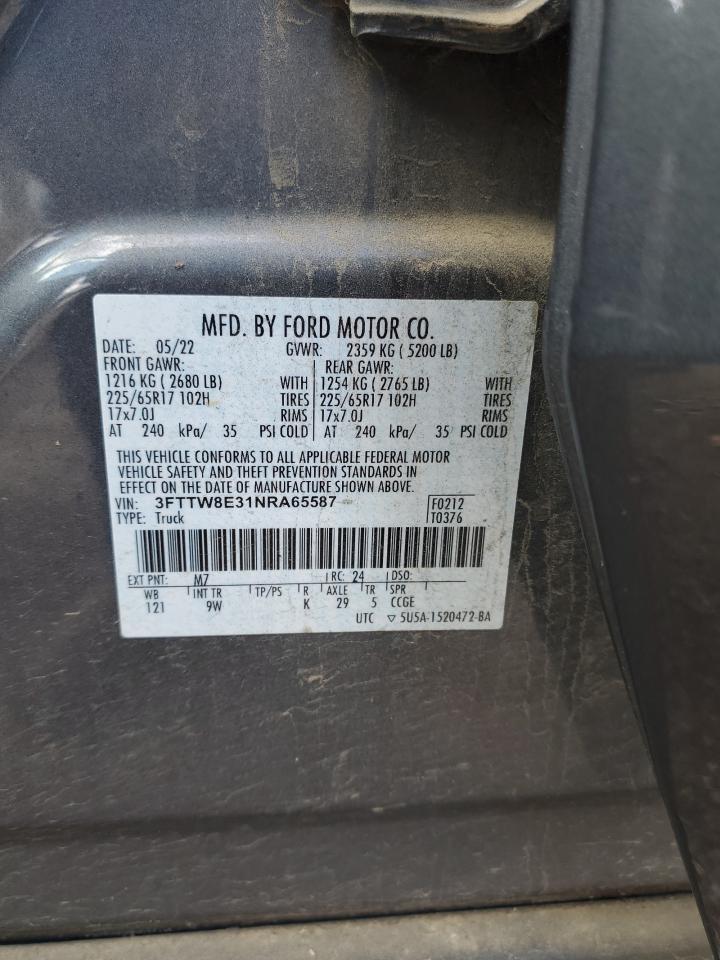 2022 Ford Maverick VIN 3FTTW8E31NRA65587 Copart auction photo, front end / rear end damage thumbnail 14