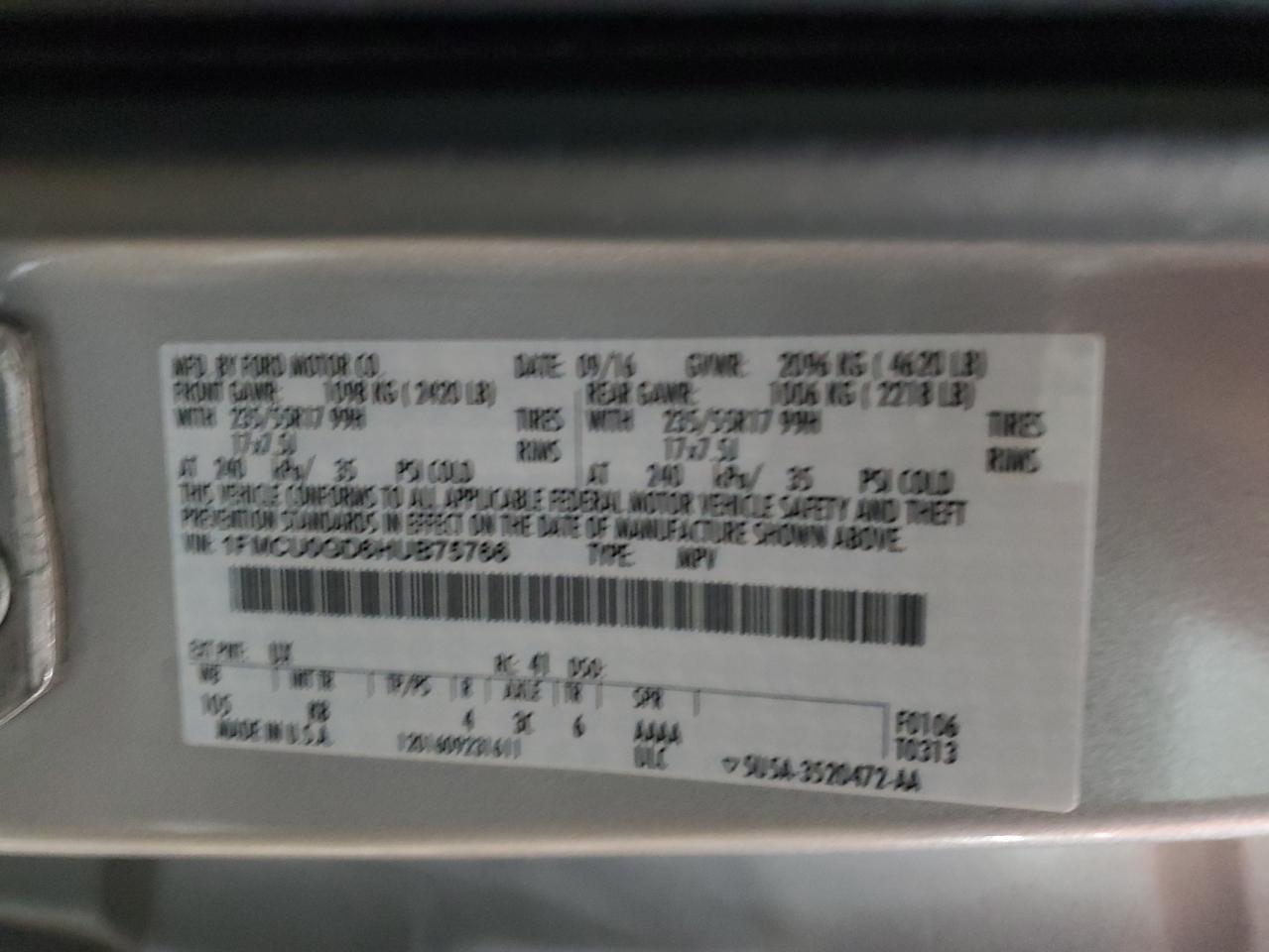2017 Ford Escape VIN 1FMCU0GD6HUB75766 Copart auction photo, front end damage thumbnail 13