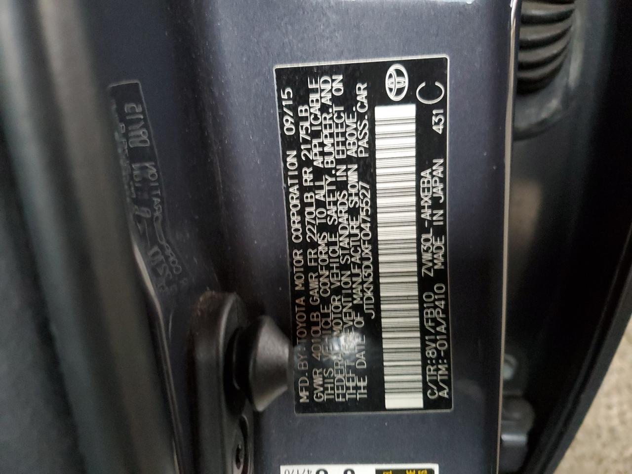 2015 Toyota Prius VIN JTDKN3DUXF0475527 Copart auction photo, front end / side damage thumbnail 14