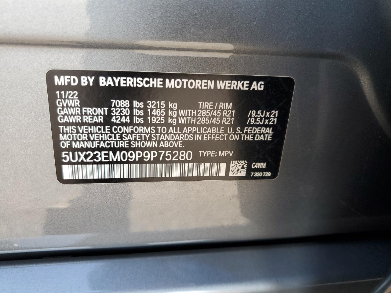 2023 BMW X7 VIN 5UX23EM09P9P75280 Copart auction photo, front end / side damage thumbnail 15