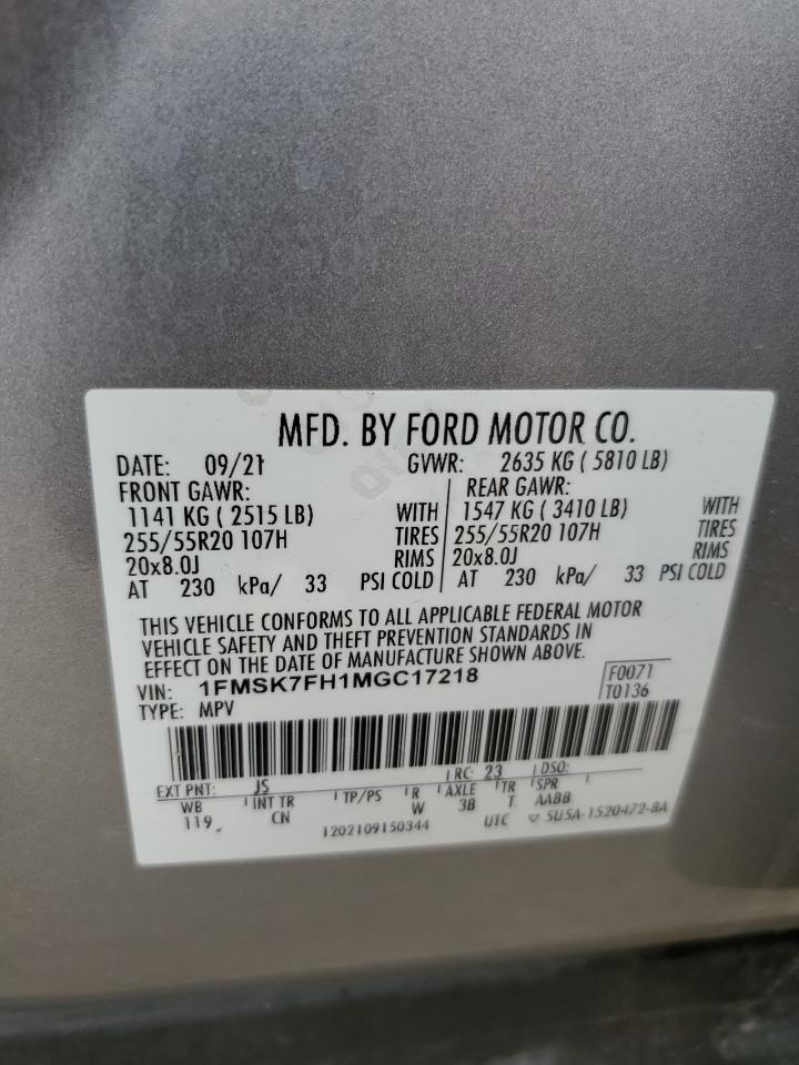 2021 Ford Explorer VIN 1FMSK7FH1MGC17218 Copart auction photo, all over damage thumbnail 14