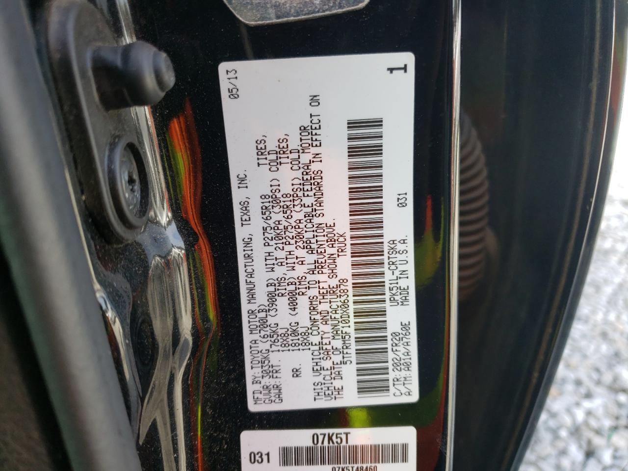 2013 Toyota Tundra VIN 5TFRM5F10DX063878 Copart auction photo, side / undercarriage damage thumbnail 12