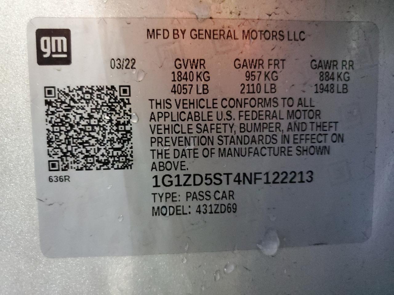 2022 Chevrolet Malibu VIN 1G1ZD5ST4NF122213 Copart auction photo, mechanical / minor dent/scratches damage thumbnail 12