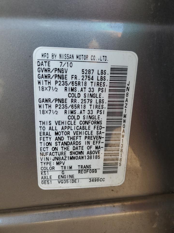 2010 Nissan Murano VIN JN8AZ1MW0AW138185 Copart auction photo, front end / side damage thumbnail 14