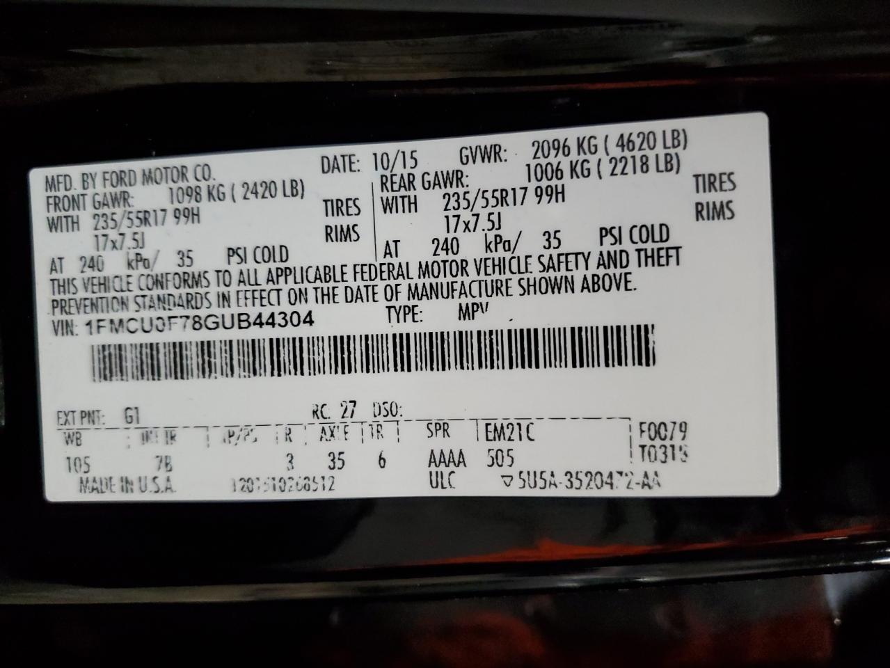 2016 Ford Escape VIN 1FMCU0F78GUB44304 Copart auction photo, front end damage thumbnail 13