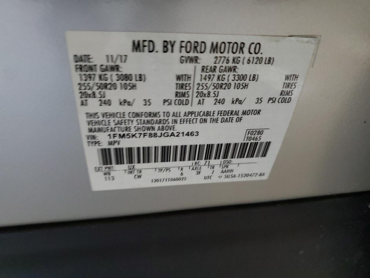 2018 Ford Explorer VIN 1FM5K7F88JGA21463 Copart auction photo, rear end / undercarriage damage thumbnail 13