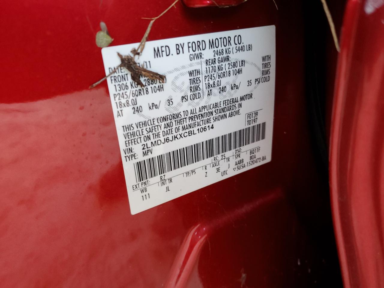 2012 Lincoln MKX VIN 2LMDJ6JKXCBL10614 Copart auction photo, water/flood damage thumbnail 14