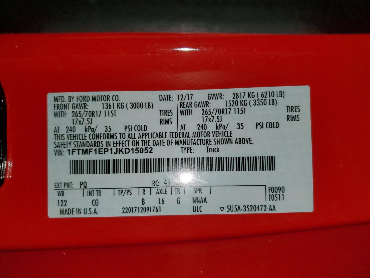 2018 Ford F-150 VIN 1FTMF1EP1JKD15052 Copart auction photo, side / front end damage thumbnail 12