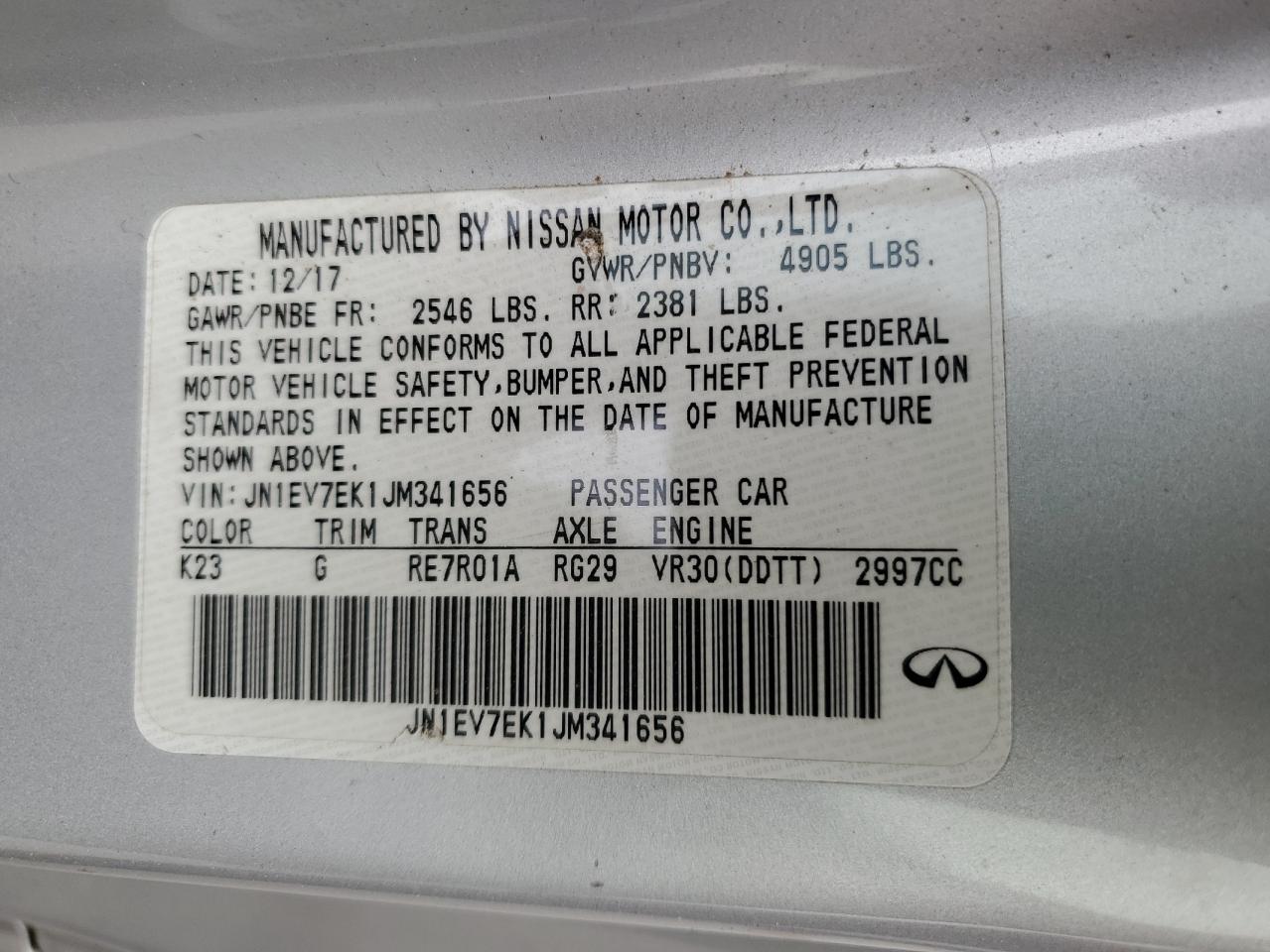 2018 Infiniti Q60 VIN JN1EV7EK1JM341656 Copart auction photo, front end / minor dent/scratches damage thumbnail 12