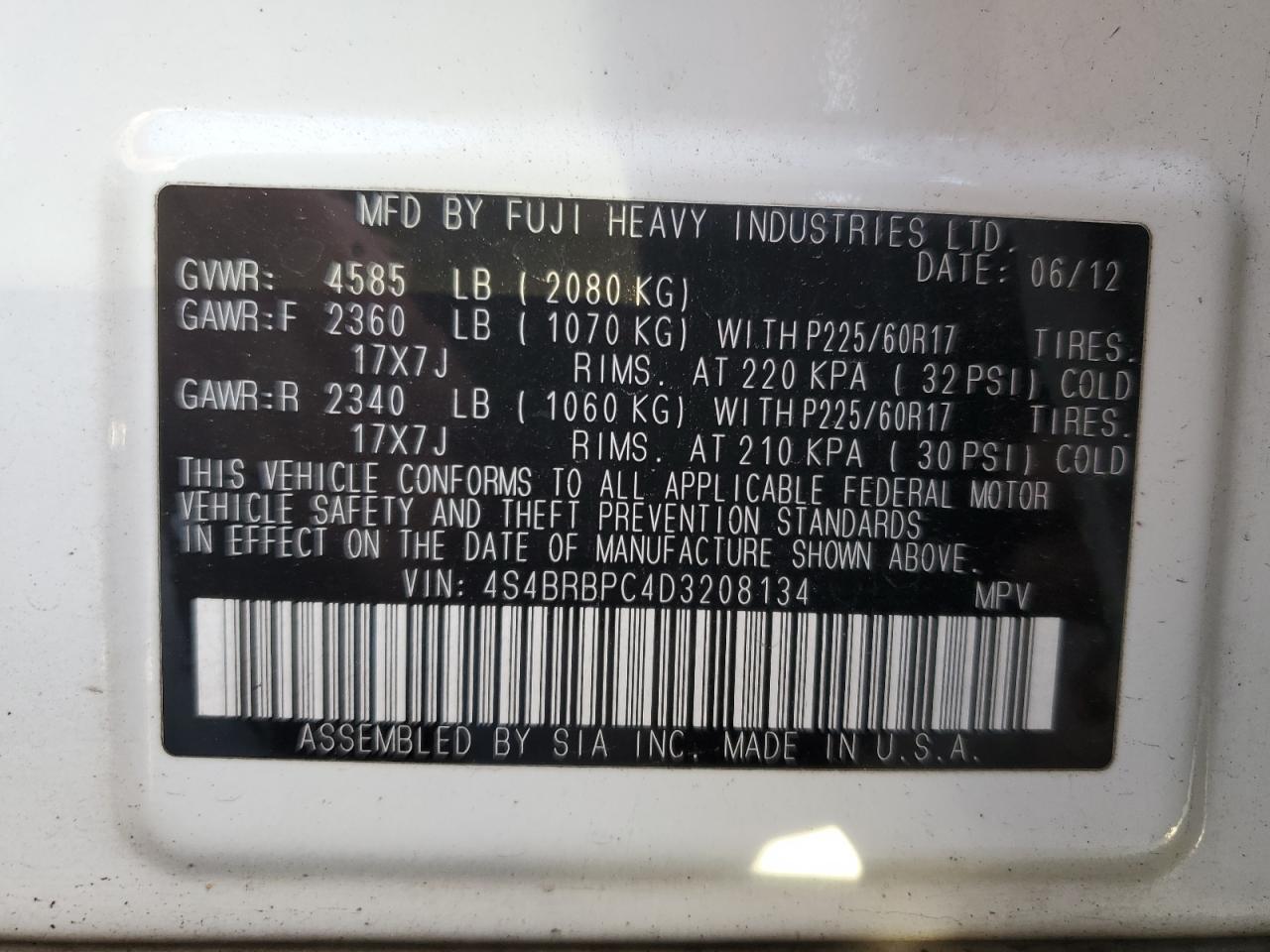 2013 Subaru Outback VIN 4S4BRBPC4D3208134 Copart auction photo, front end damage thumbnail 13