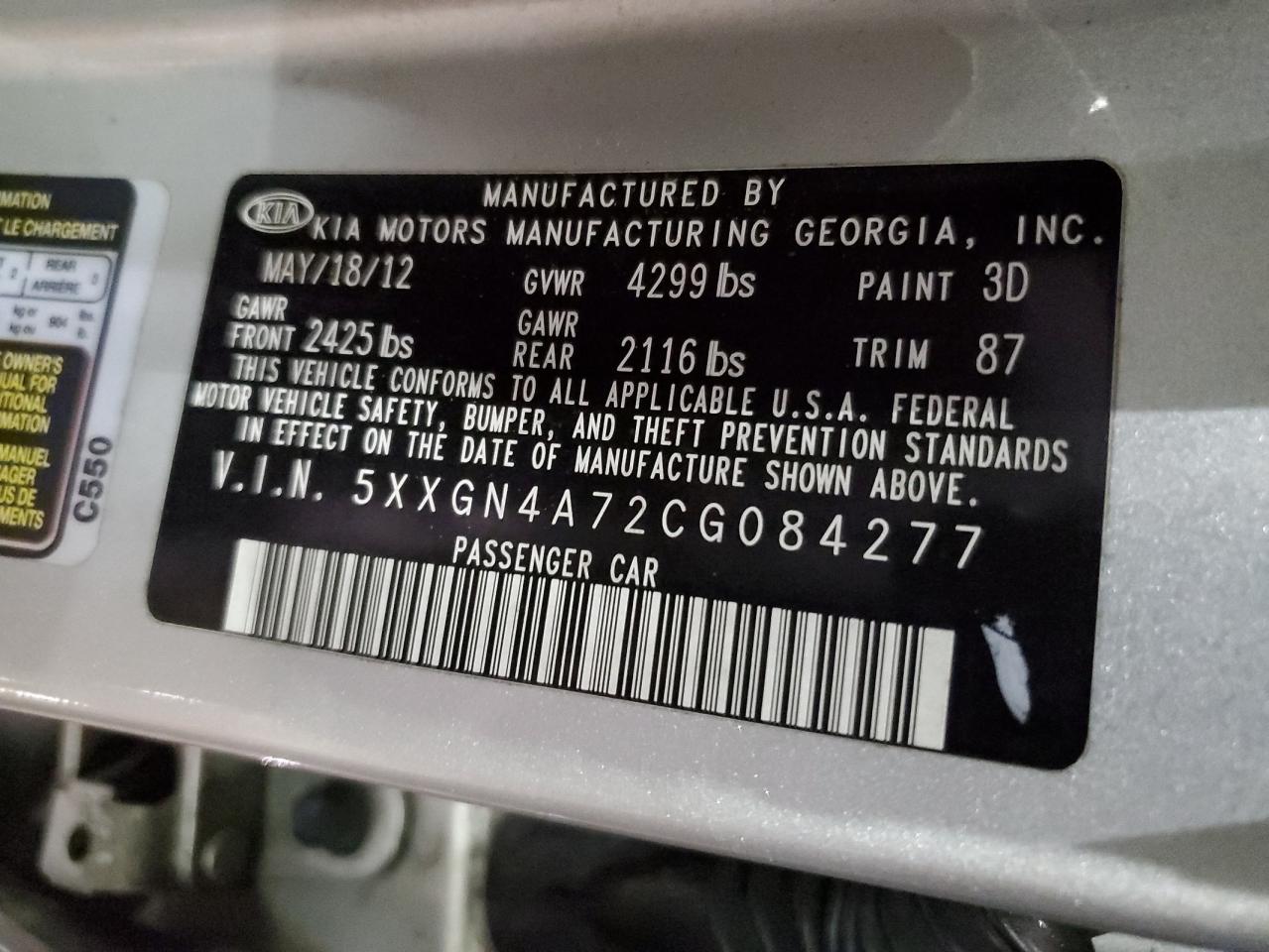 2012 KIA Optima VIN 5XXGN4A72CG084277 Copart auction photo, side / front end damage thumbnail 13