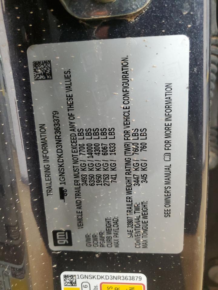 2022 Chevrolet Suburban VIN 1GNSKDKD3NR363879 Copart auction photo, all over / front end damage thumbnail 14