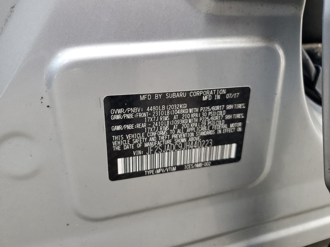 2018 Subaru Forester VIN JF2SJADC9JH440223 Copart auction photo, top/roof / minor dent/scratches damage thumbnail 13
