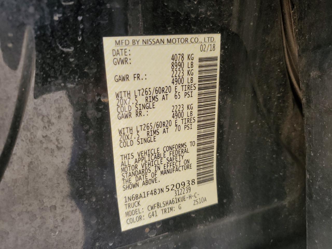 2018 Nissan Titan VIN 1N6BA1F48JN520938 Copart auction photo, front end / minor dent/scratches damage thumbnail 15