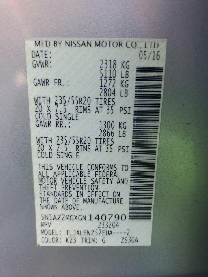 2016 Nissan Murano VIN 5N1AZ2MGXGN140790 Copart auction photo, side damage thumbnail 12