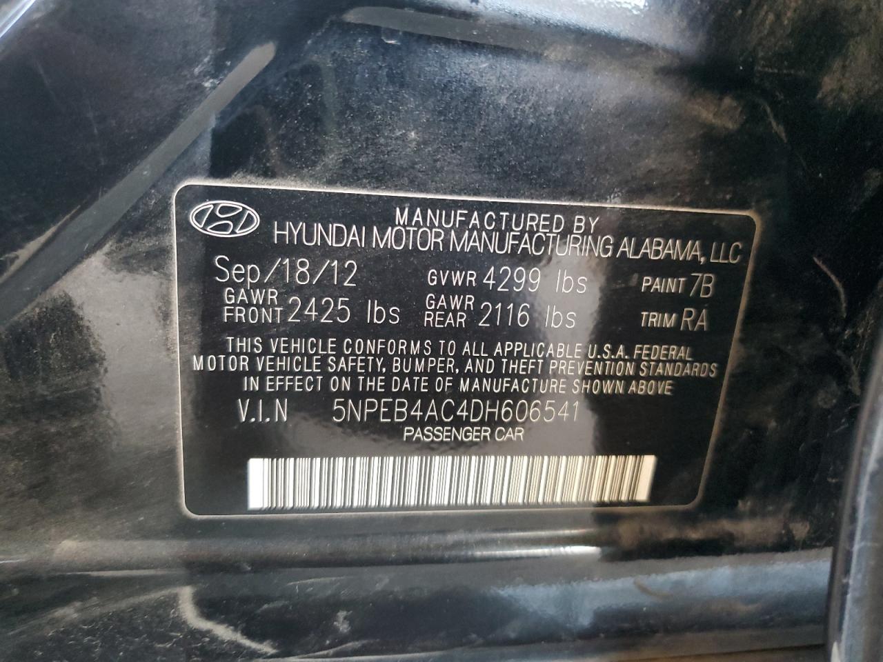 2013 Hyundai Sonata VIN 5NPEB4AC4DH606541 Copart auction photo, vandalism / side damage thumbnail 12