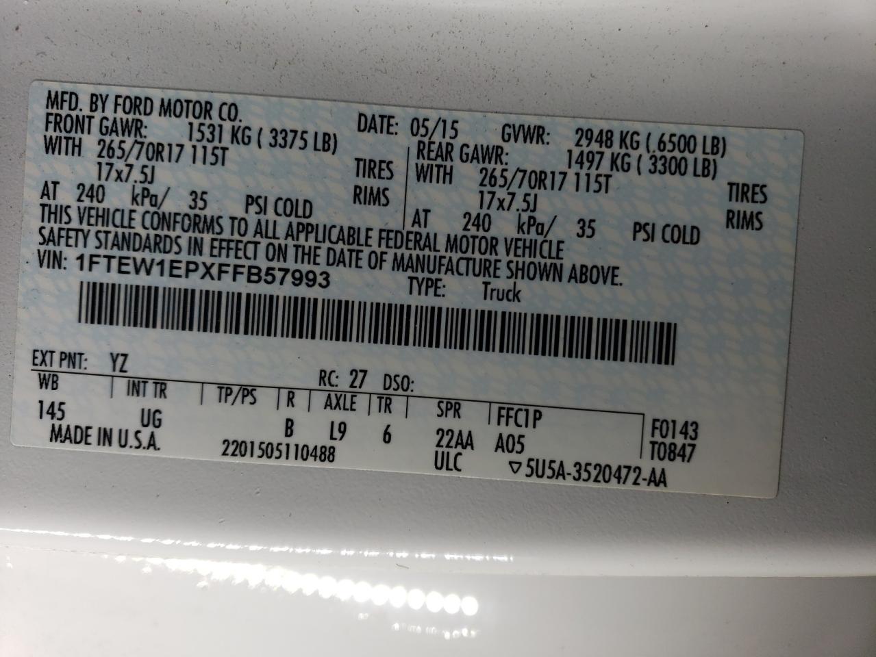 2015 Ford F-150 VIN 1FTEW1EPXFFB57993 Copart auction photo, mechanical / minor dent/scratches damage thumbnail 12