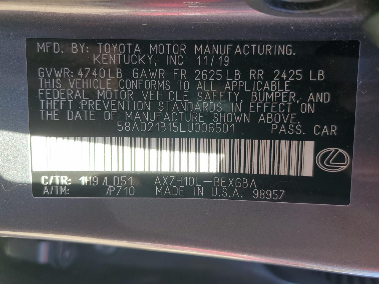 2020 Lexus ES VIN 58AD21B15LU006501 Copart auction photo, rear end damage thumbnail 12
