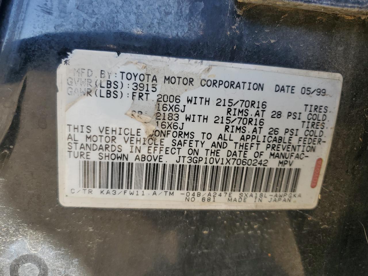 1999 Toyota RAV 4 VIN JT3GP10V1X7060242 Copart auction photo, front end damage thumbnail 13