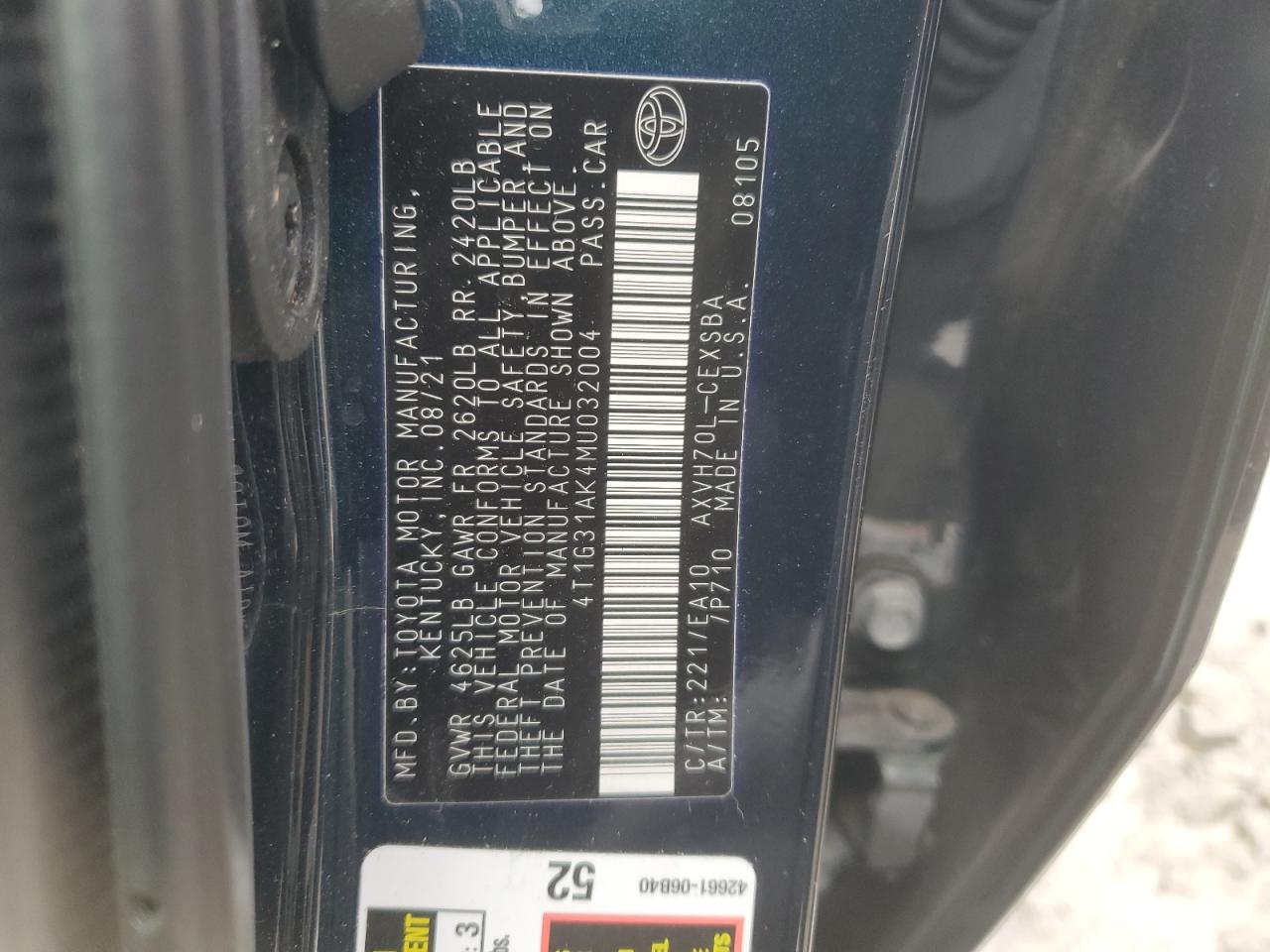 2021 Toyota Camry VIN 4T1G31AK4MU032004 Copart auction photo, front end damage thumbnail 14