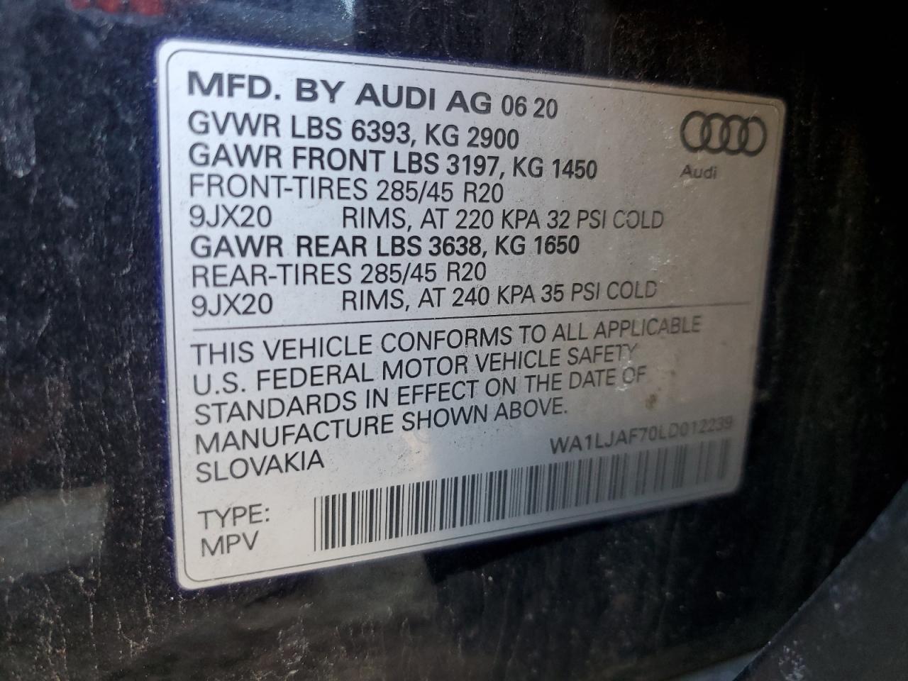 2020 Audi Q7 VIN WA1LJAF70LD012239 Copart auction photo, front end / minor dent/scratches damage thumbnail 13