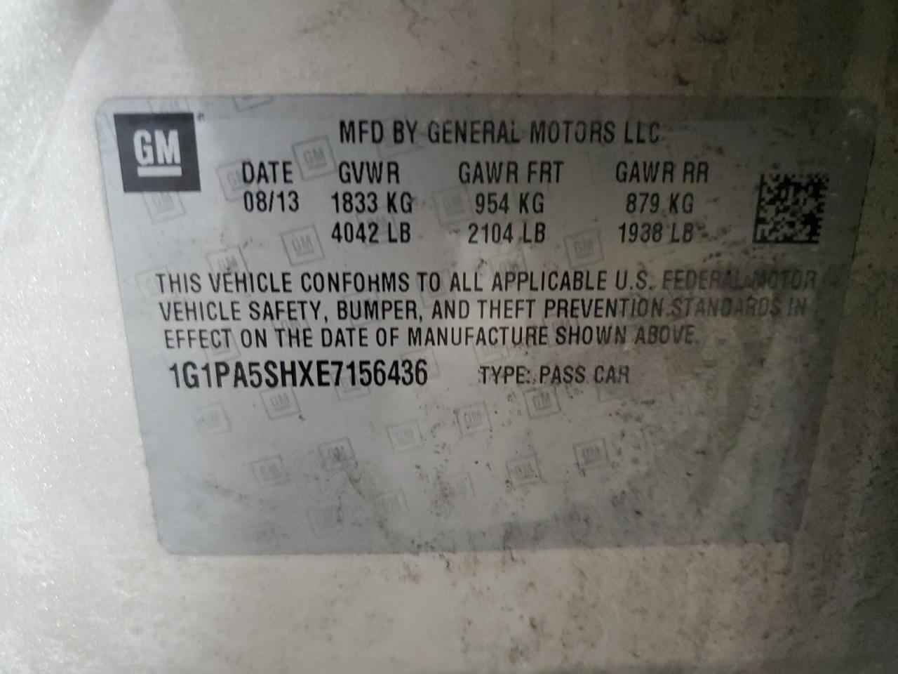 2014 Chevrolet Cruze VIN 1G1PA5SHXE7156436 Copart auction photo, front end damage thumbnail 13