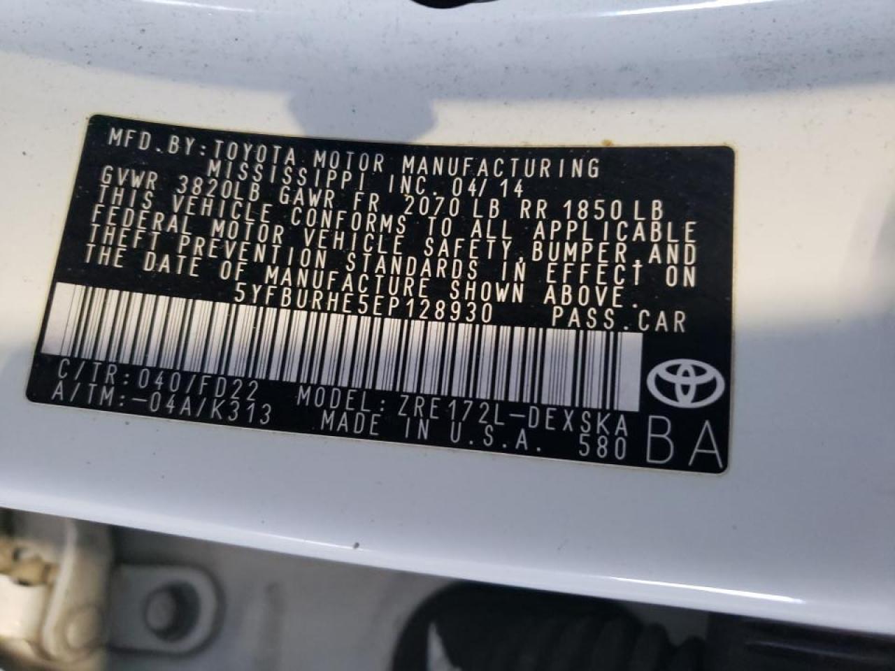 2014 Toyota Corolla VIN 5YFBURHE5EP128930 Copart auction photo, front end damage thumbnail 15