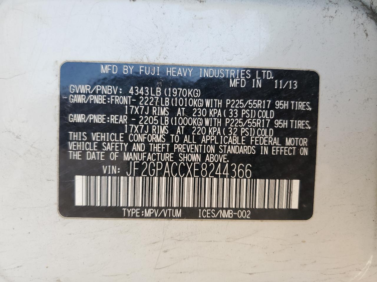2014 Subaru XV VIN JF2GPACCXE8244366 Copart auction photo, front end damage thumbnail 15