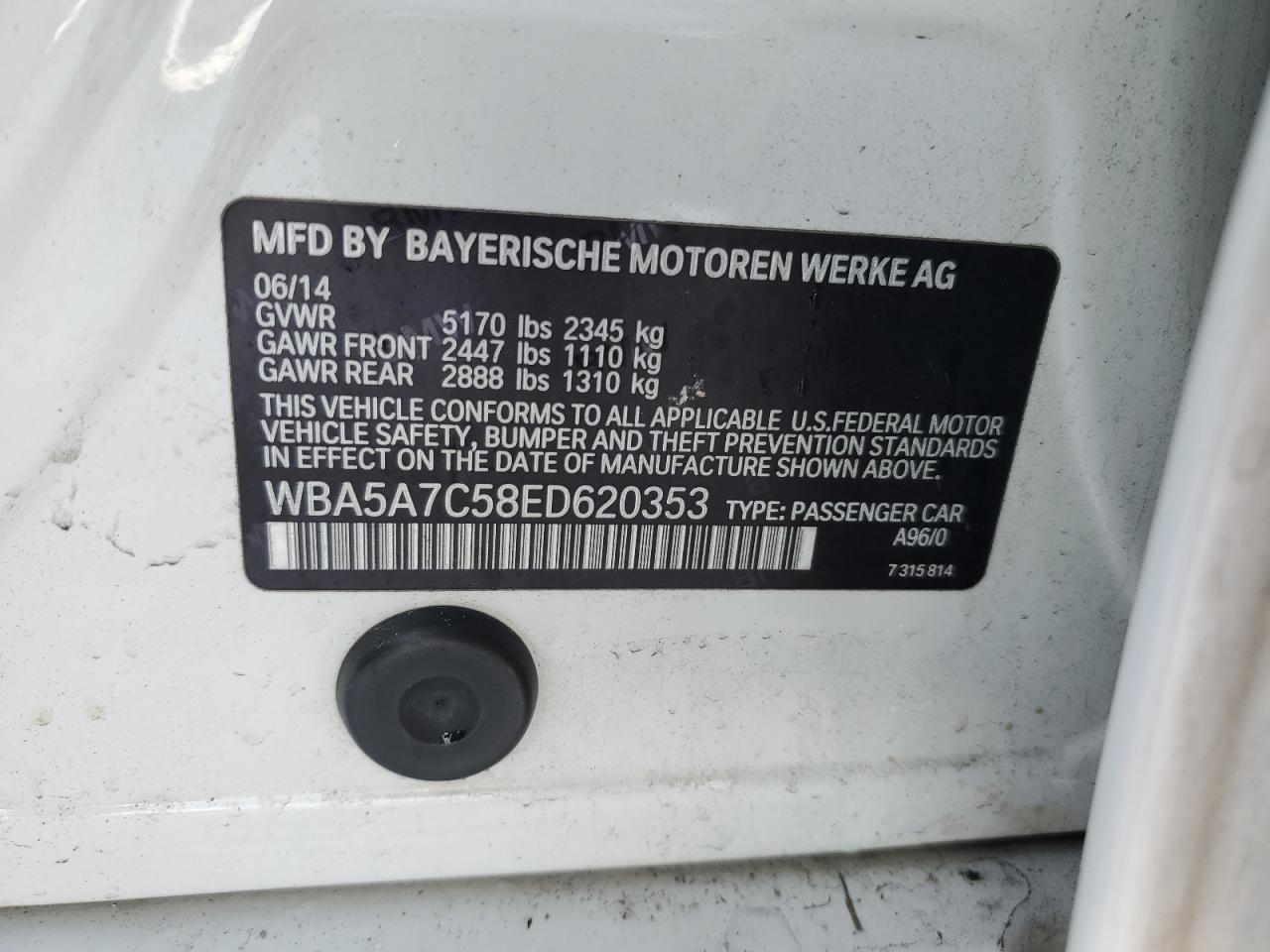 2014 BMW 5er VIN WBA5A7C58ED620353 Copart auction photo, rear end damage thumbnail 12