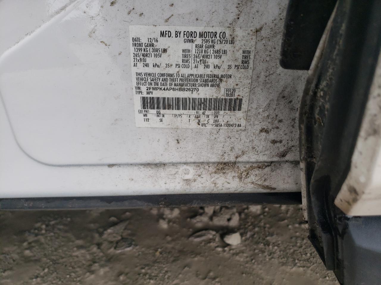 2017 Ford Edge VIN 2FMPK4AP8HBB26270 Copart auction photo, front end / minor dent/scratches damage thumbnail 15