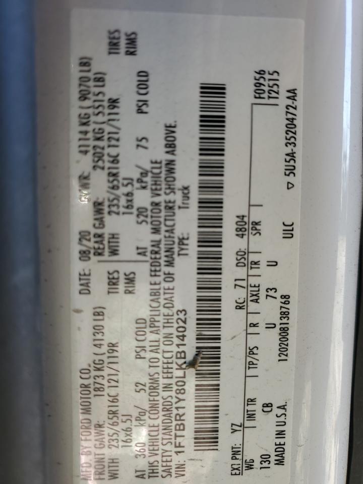 2020 Ford Transit VIN 1FTBR1Y80LKB14023 Copart auction photo, front end / rear end damage thumbnail 12