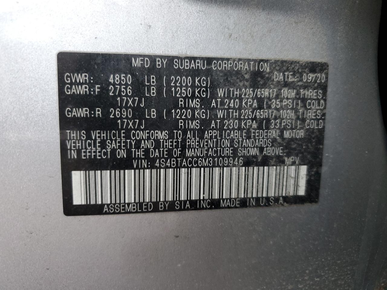 2021 Subaru Outback VIN 4S4BTACC6M3109946 Copart auction photo, minor dent/scratches damage thumbnail 13