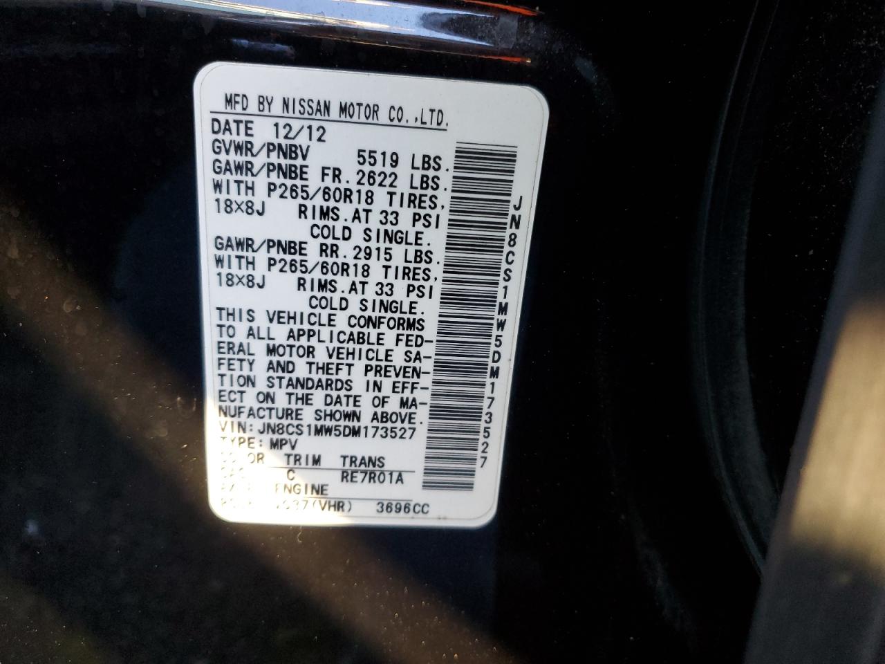2013 Infiniti FX VIN JN8CS1MW5DM173527 Copart auction photo, front end damage thumbnail 13