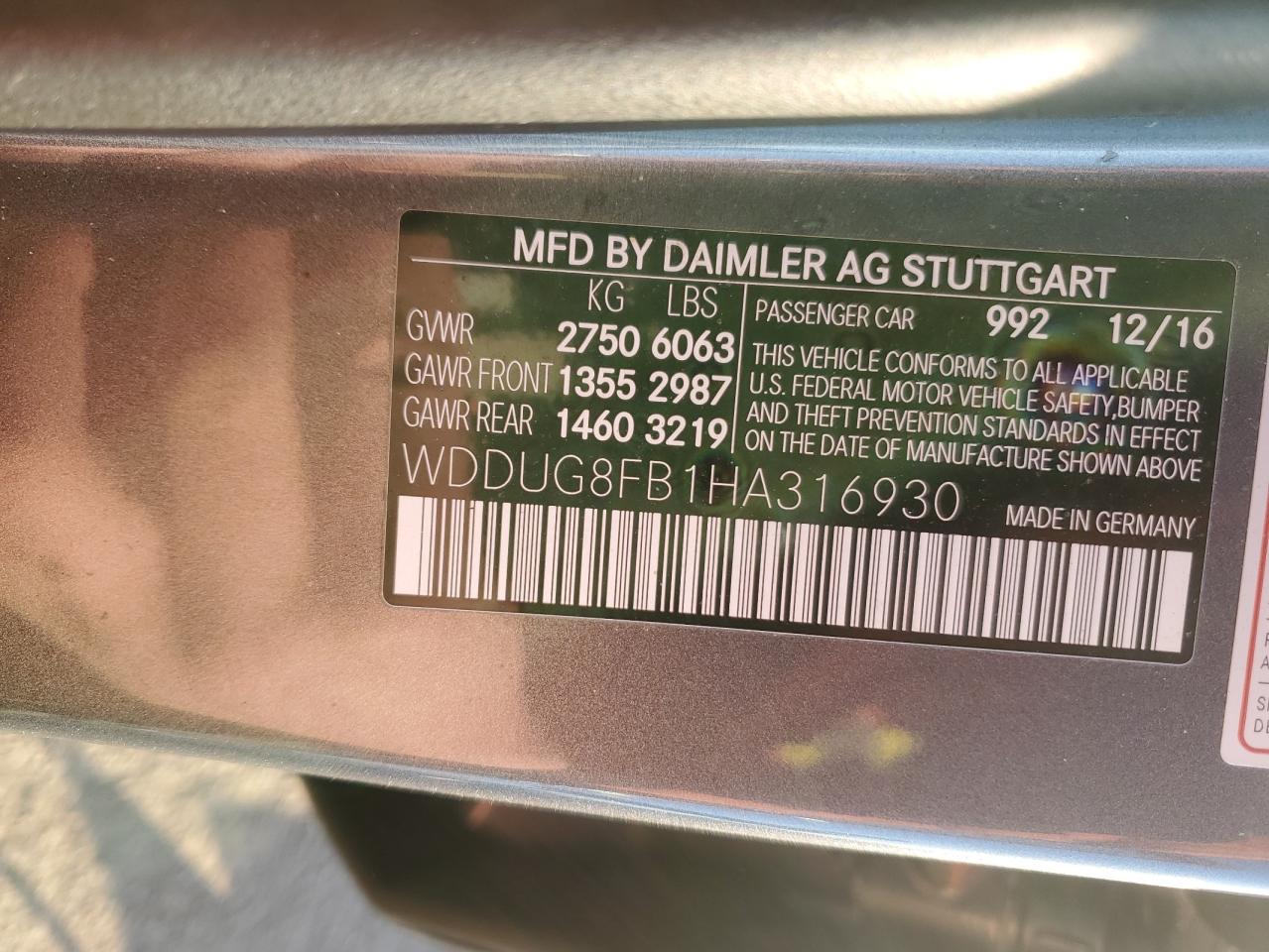 2017 Mercedes-Benz S-klasse VIN WDDUG8FB1HA316930 Copart auction photo, front end / minor dent/scratches damage thumbnail 12