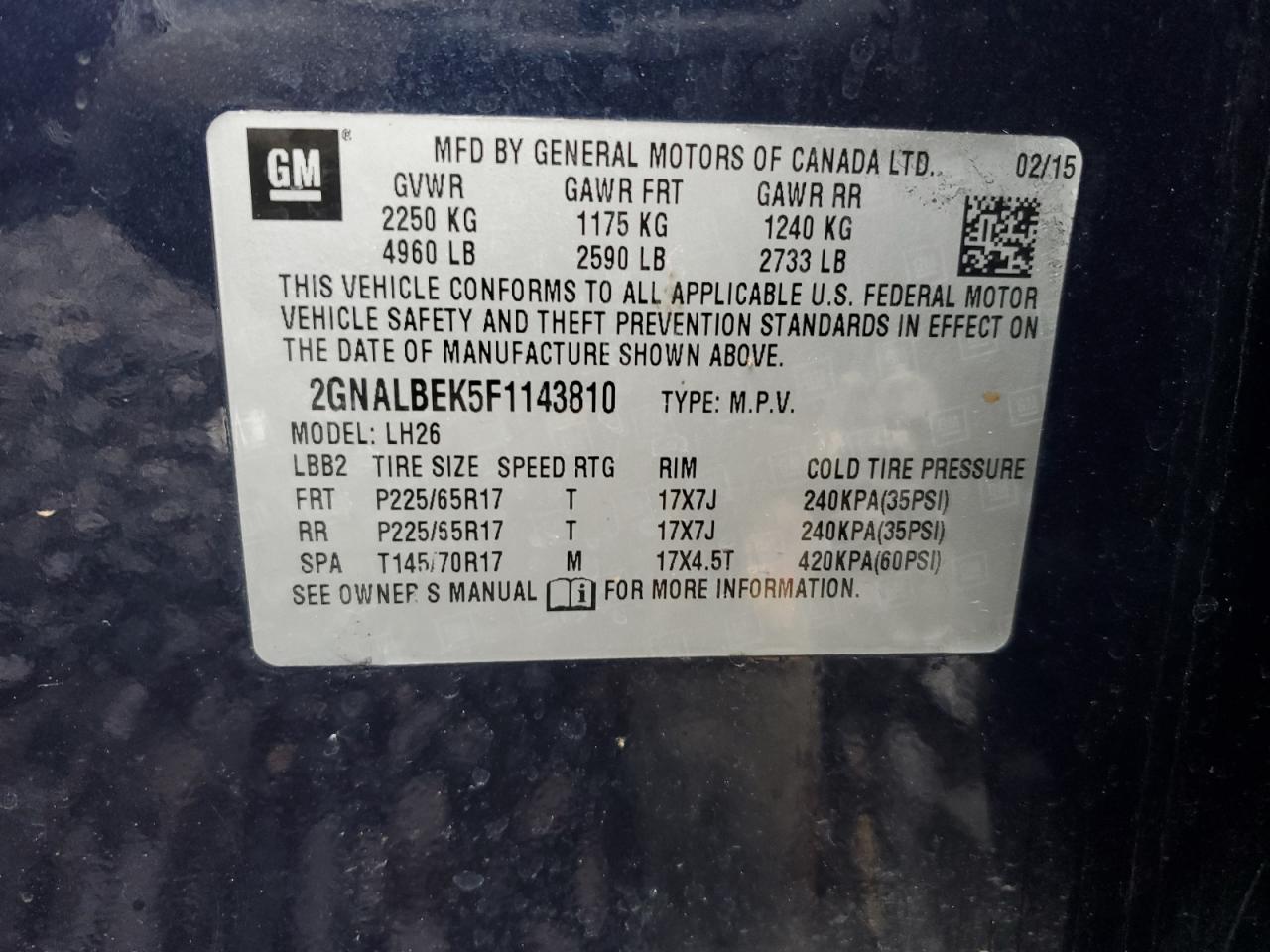 2015 Chevrolet Equinox VIN 2GNALBEK5F1143810 Copart auction photo, front end / side damage thumbnail 14