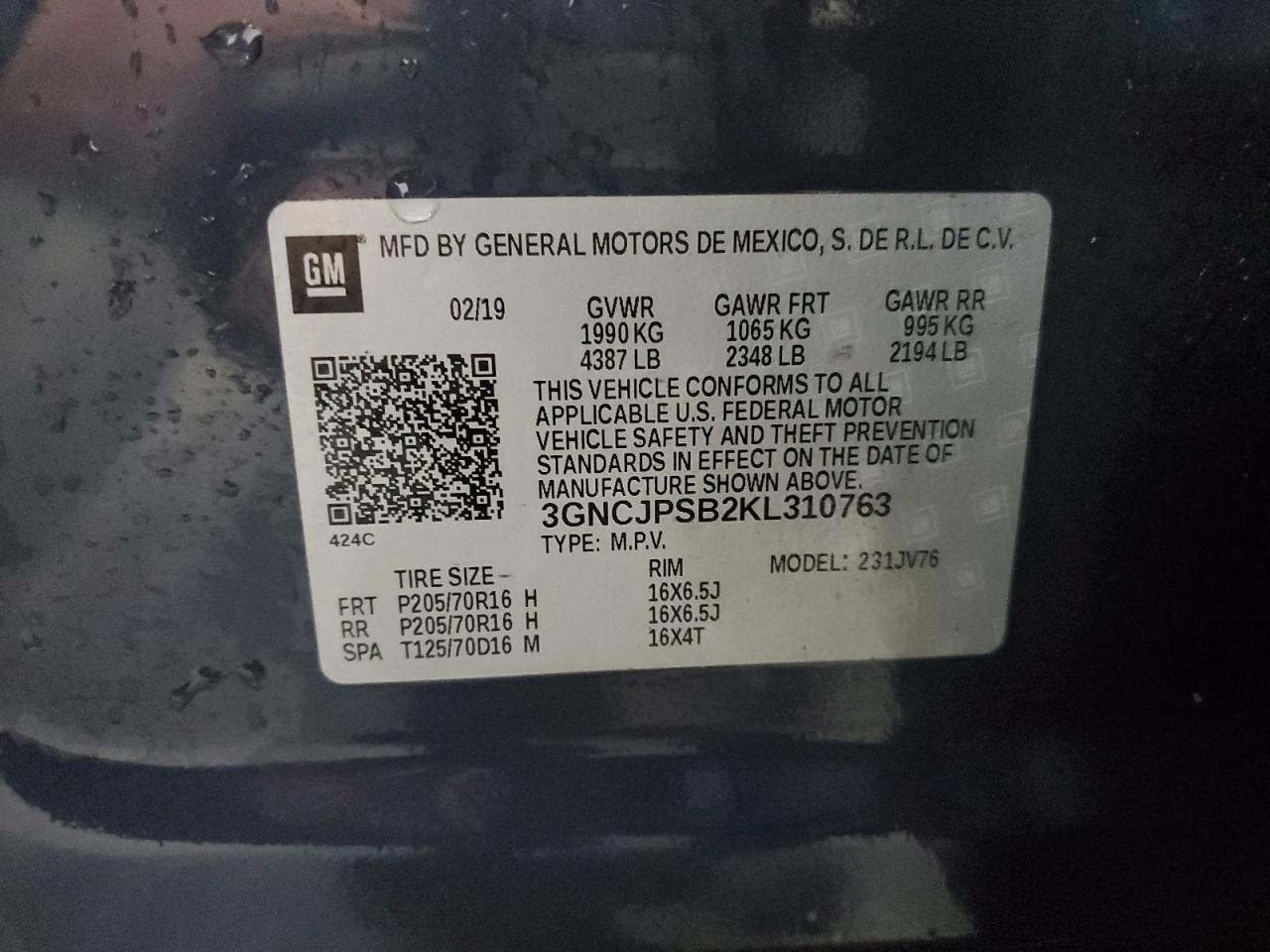 2019 Chevrolet Trax VIN 3GNCJPSB2KL310763 Copart auction photo, front end / side damage thumbnail 15