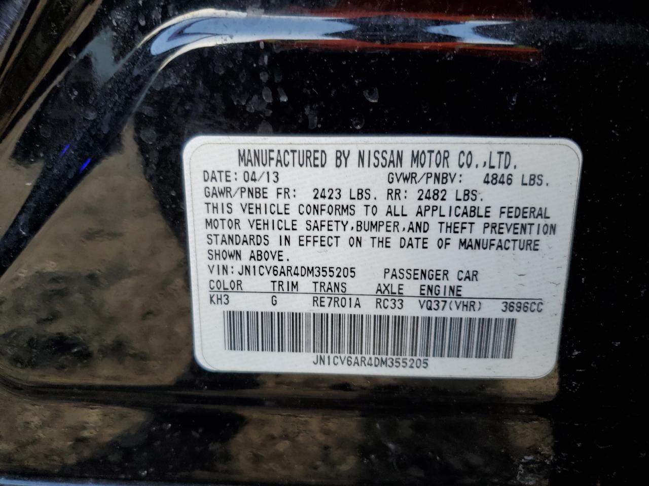 2013 Infiniti G VIN JN1CV6AR4DM355205 Copart auction photo, front end / undercarriage damage thumbnail 14
