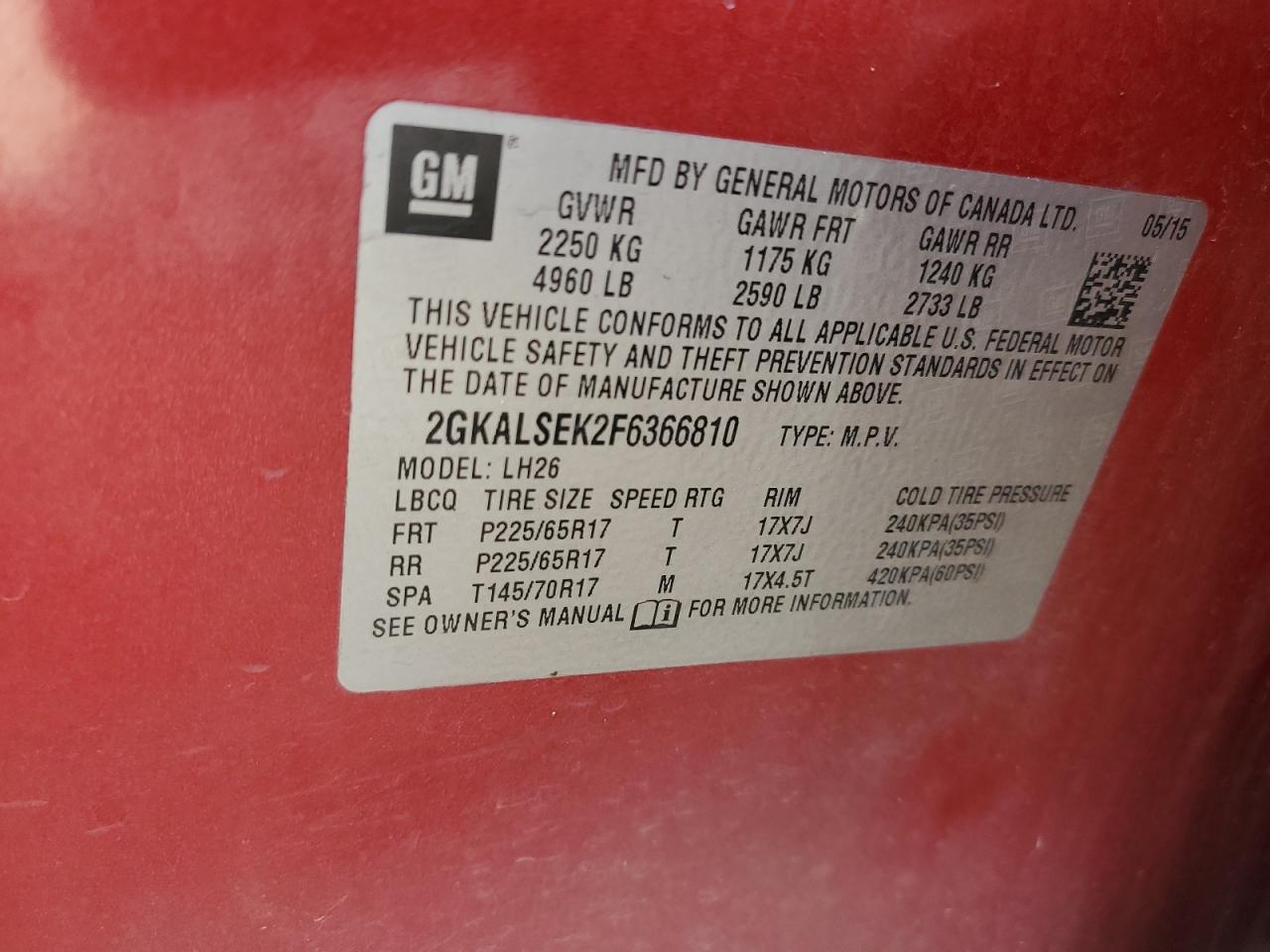2015 GMC Terrain VIN 2GKALSEK2F6366810 Copart auction photo, front end damage thumbnail 13
