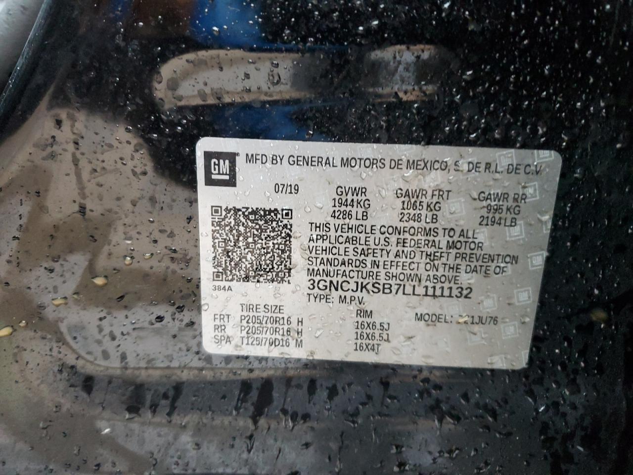 2020 Chevrolet Trax VIN 3GNCJKSB7LL111132 Copart auction photo, side / rear end damage thumbnail 12
