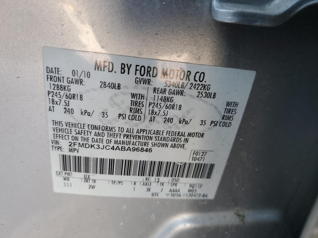 2010 Ford Edge VIN 2FMDK3JC4ABA96846 Copart auction photo, all over damage thumbnail 15