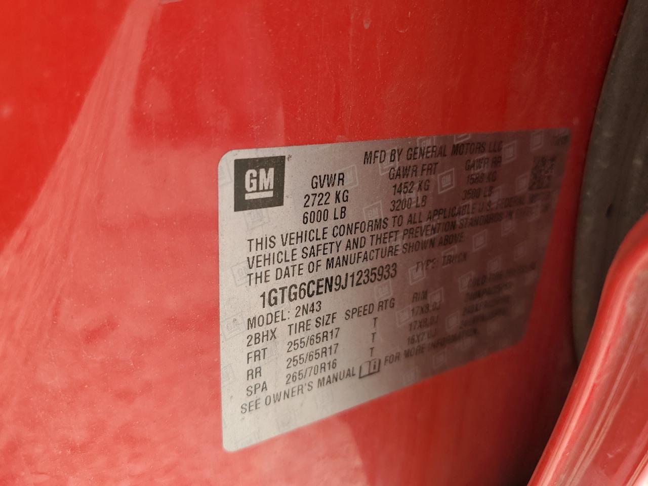 2018 GMC Canyon VIN 1GTG6CEN9J1235933 Copart auction photo, front end / minor dent/scratches damage thumbnail 13