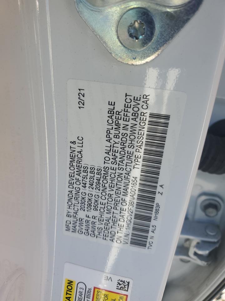 2022 Honda Accord VIN 1HGCV2F38NA001654 Copart auction photo, rear end / minor dent/scratches damage thumbnail 12
