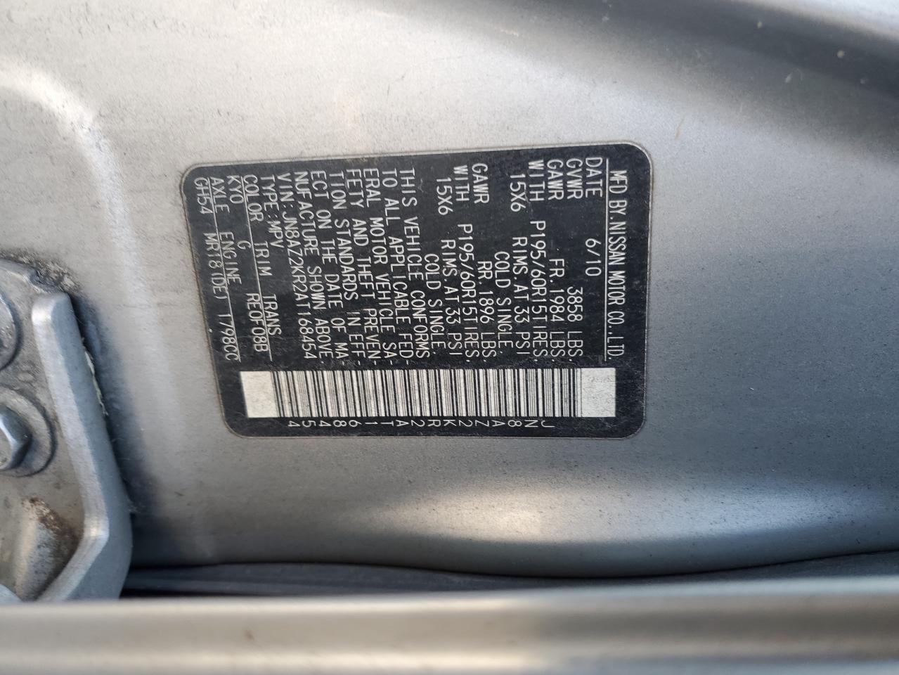 2010 Nissan Cube VIN JN8AZ2KR2AT168454 Copart auction photo, front end / rear end damage thumbnail 15