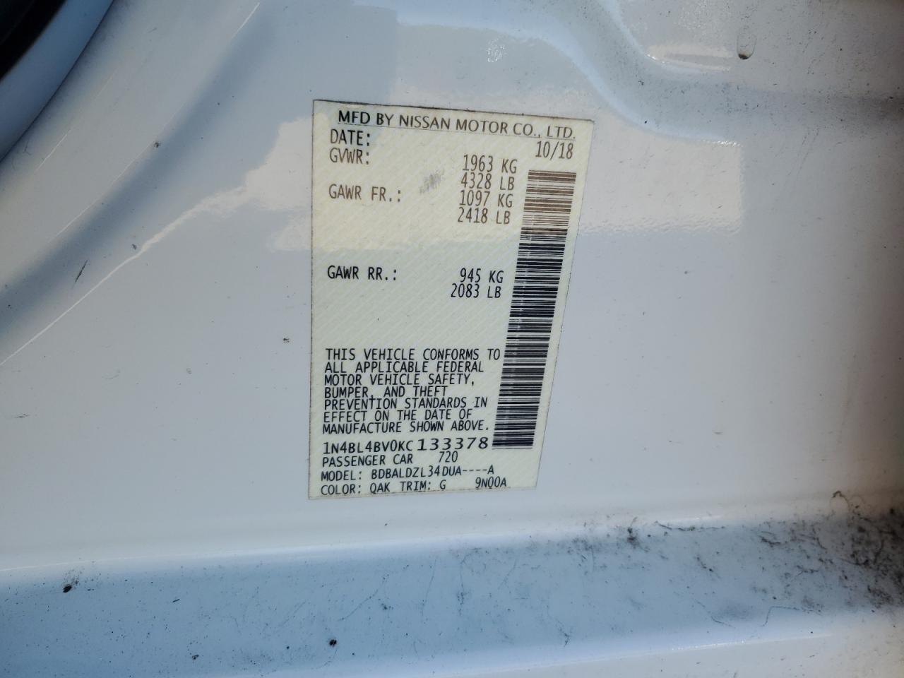 2019 Nissan Altima VIN 1N4BL4BV0KC133378 Copart auction photo, all over damage thumbnail 12